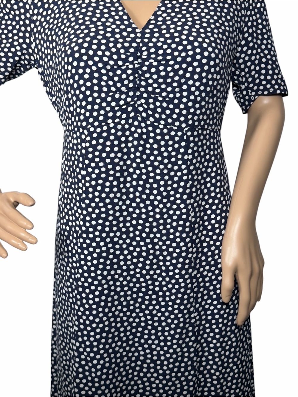 Boden “Jemima” Ruched Short Sleeved Dress Navy & White Polka Dot. Size 2P. NWOT - Picture 10 of 16